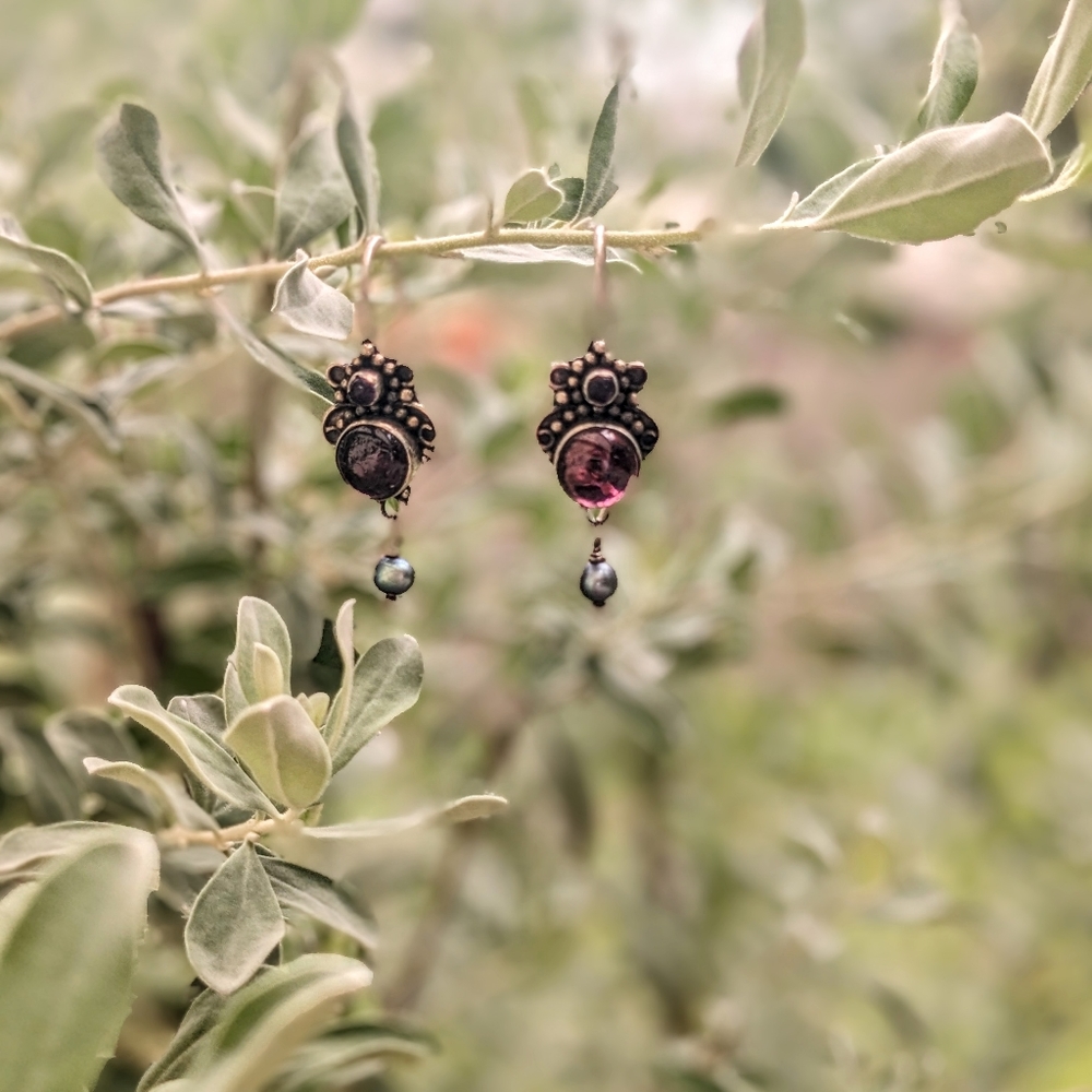 Garnet, Amethyst, Pearl Sterling Silver Drop Earrings | Vintage, Victorian-Style